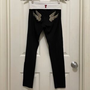 Vintage T-Party Fold Over Yoga Pants Rhinestone Angel Wings Y2K McBling Sm - Med